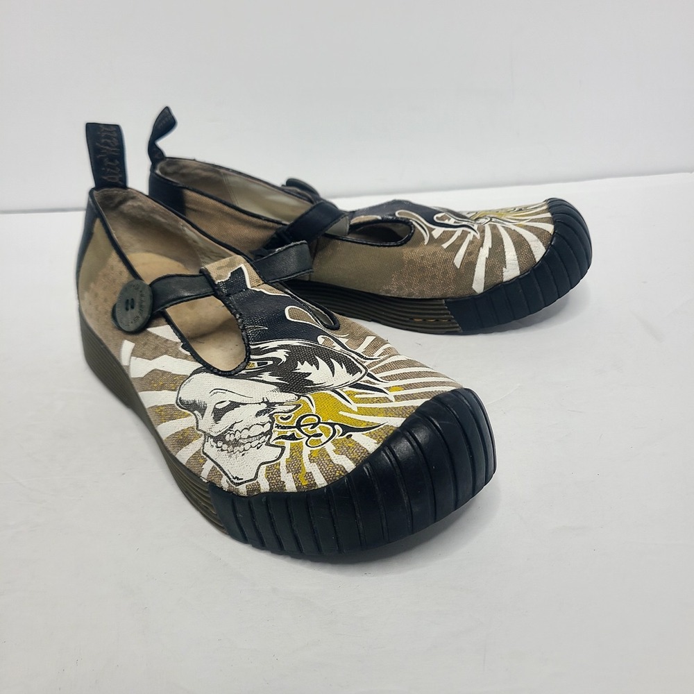 Dr Doc Martens 12585 Shoes Womens 9 41 Tan Skulls Rising Sun Canvas Mary Jane